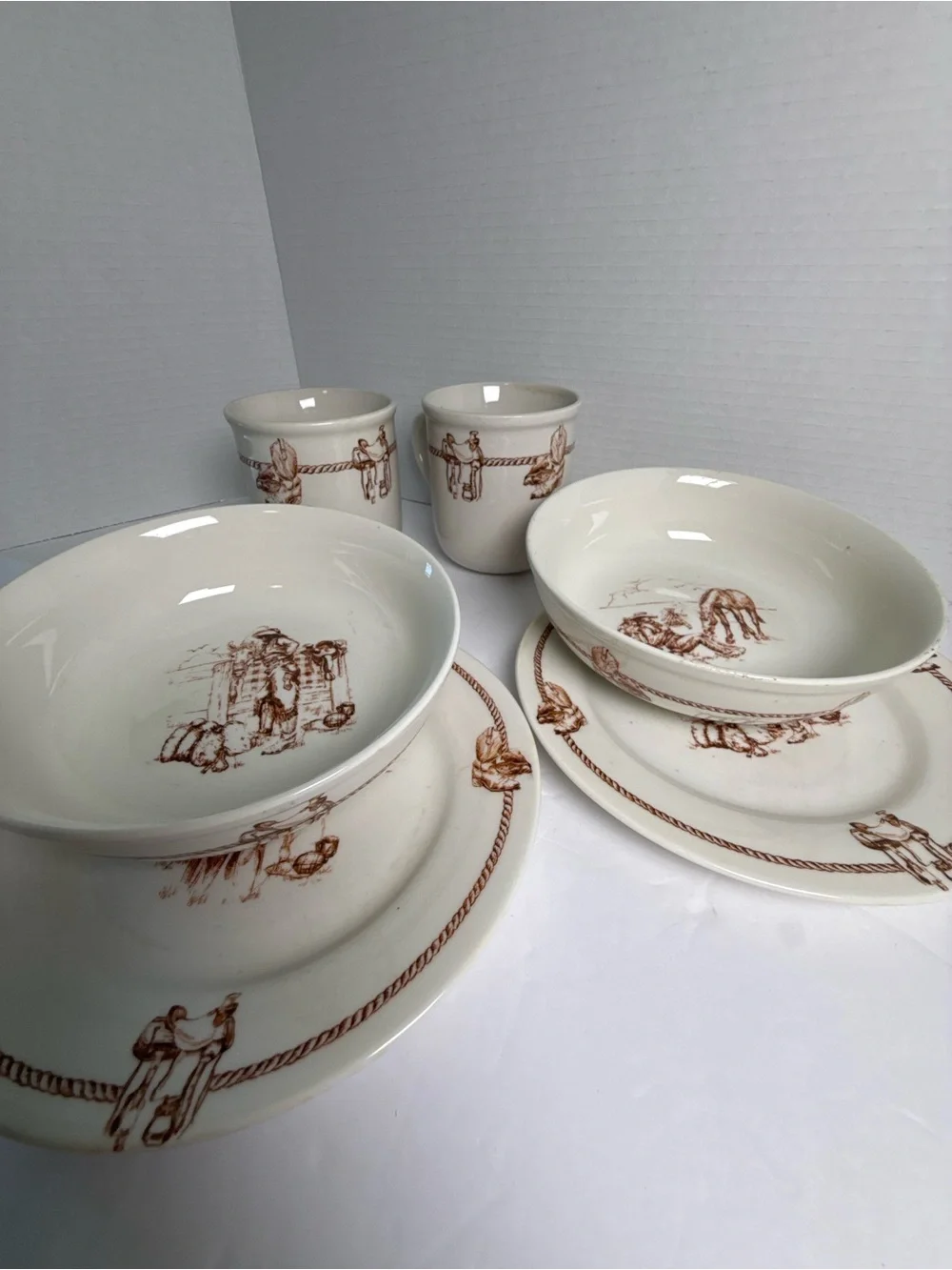Cream Stoneware Cup and Saucer and bowl  Set with Brown Ranch Motif Lot of 6 pc